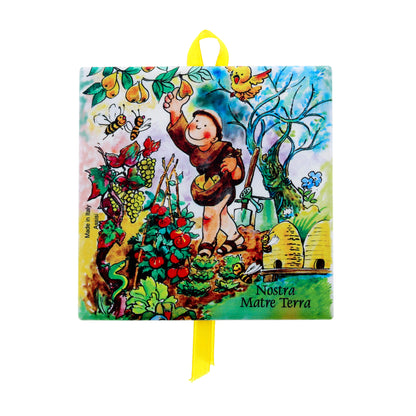 Mattonella da appendere in ceramica con immagine serigrafata "Cantico delle Creature". Dimensioni 10x10 cm