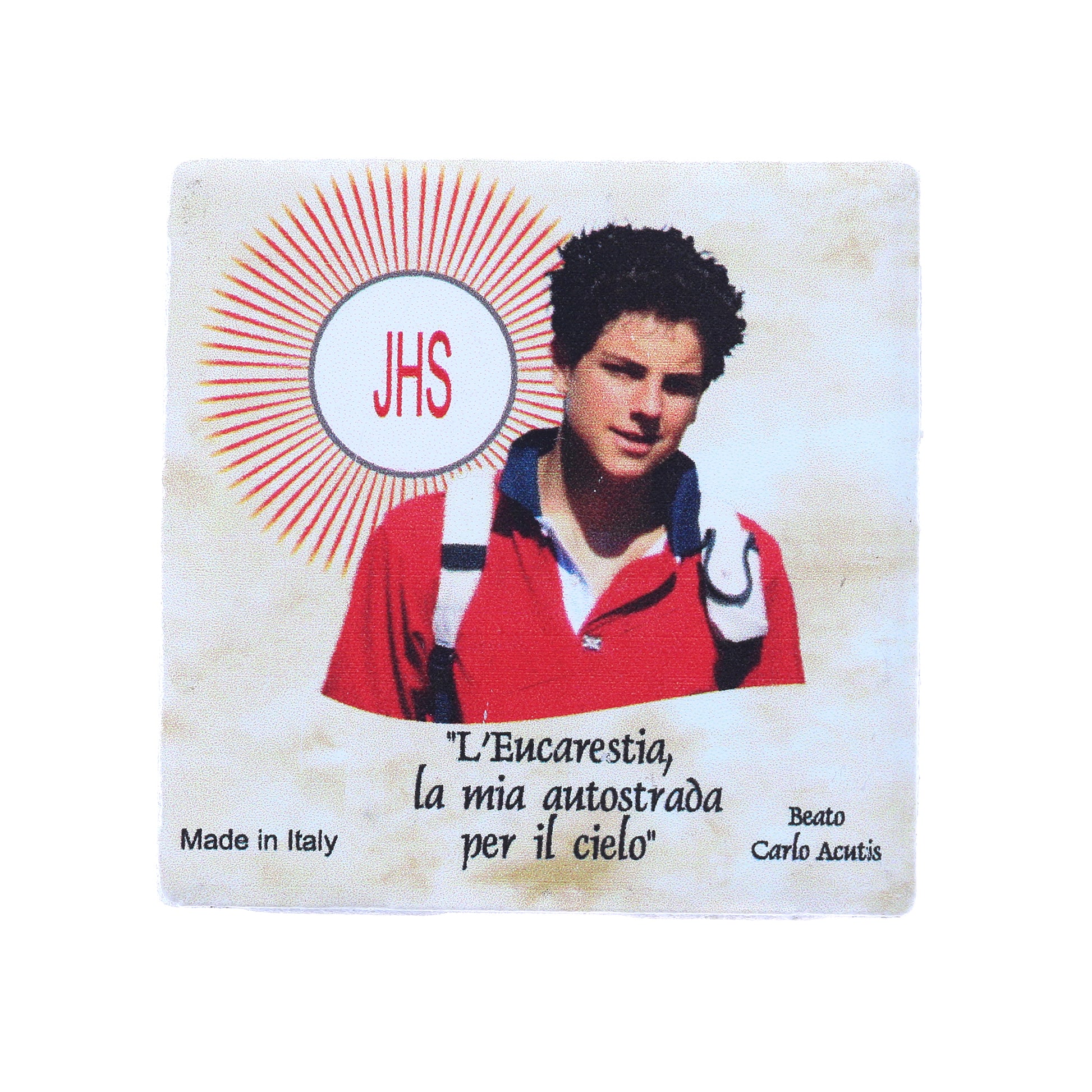 Mattonella in ceramica con magnete e immagine serigrafata " Carlo Acutis". Dimensioni 5x5 cm