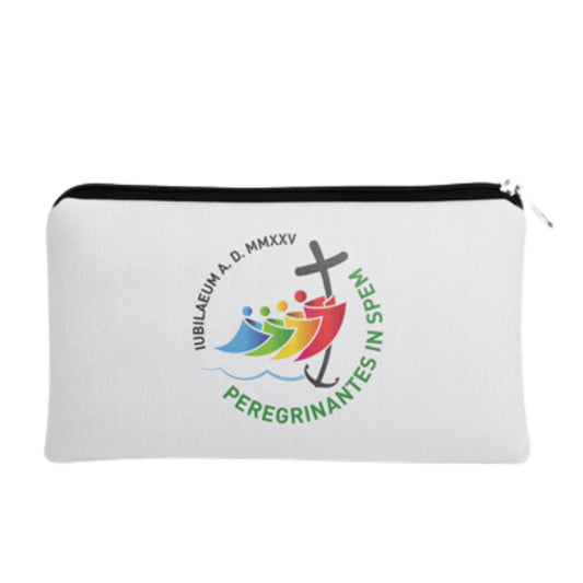 Portarosario in similpelle con zip e logo Giubileo 2025. Dimensioni 10x7 cm.