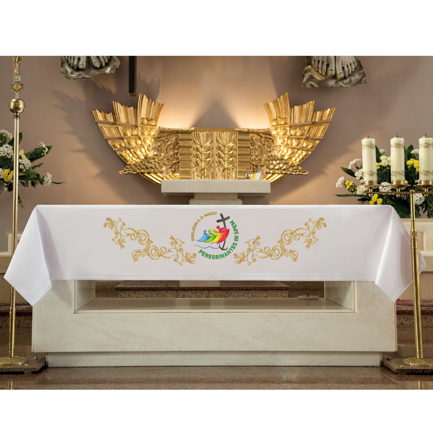 Tovaglia da altare con ricamo e logo Giubileo. Dimensioni 165x300 cm