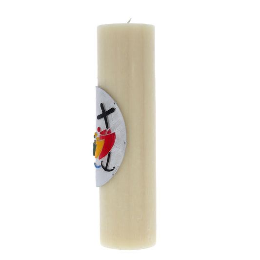 Candela cero da altare  in cera d'api con bassorilievo logo Giubileo. Dimensioni 8x30 cm
