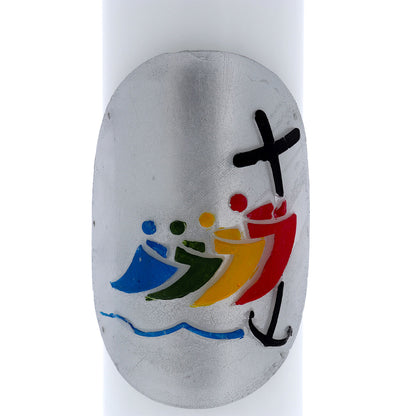 Candela cero da altare con bassorilievo logo Giubileo. Dimensioni 8x30 cm