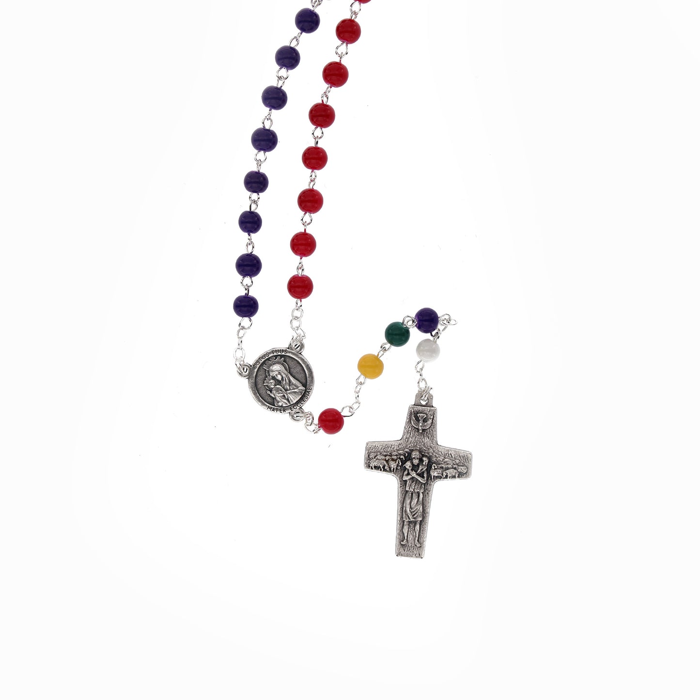 Corona del rosario del Giubileo, con grani in vetro laccato, medaglie e croce del Buon Pastore. Con scatolina e logo
