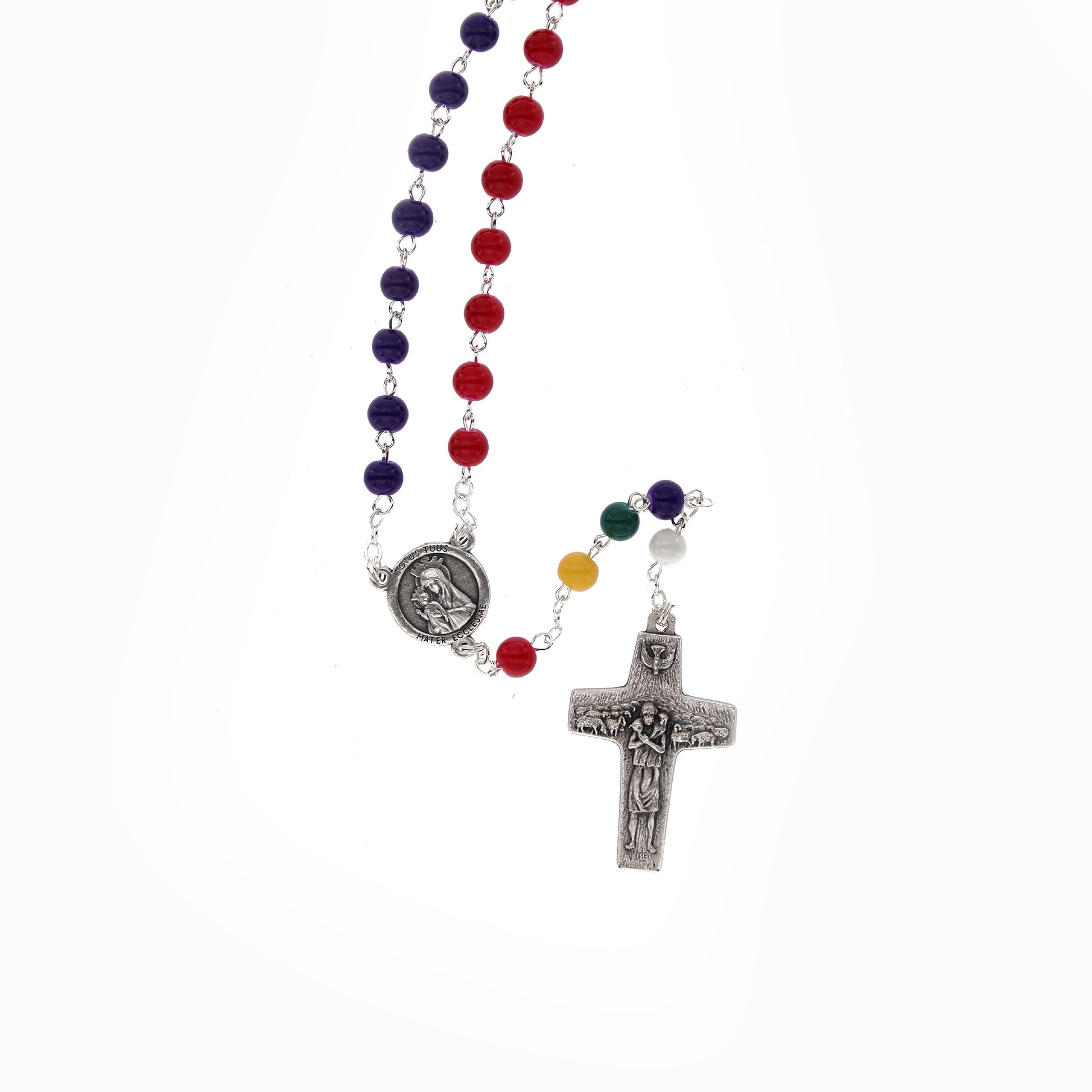 Corona del rosario del Giubileo, con grani in vetro laccato, medaglie e croce del Buon Pastore. Con scatolina e logo