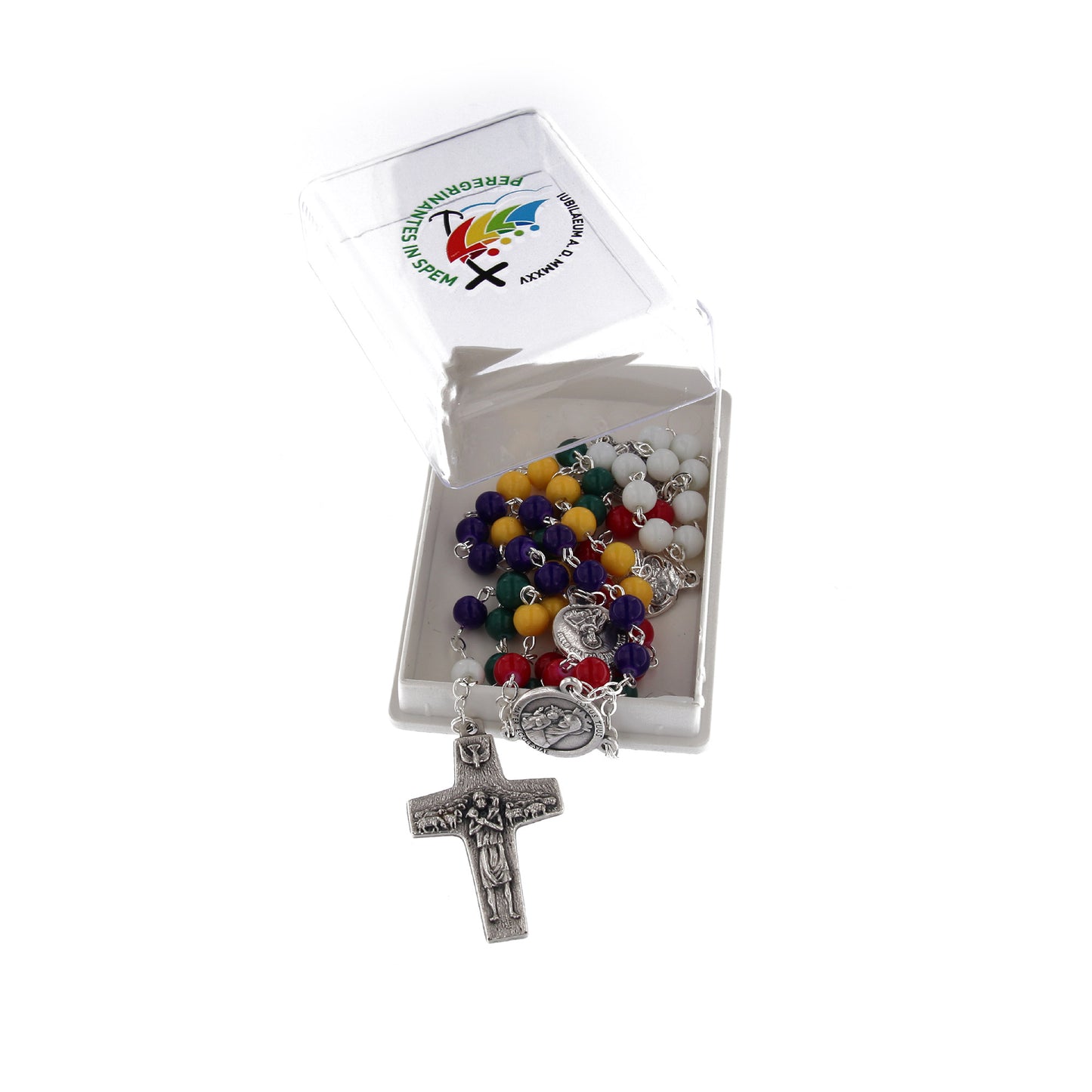 Corona del rosario del Giubileo, con grani in vetro laccato, medaglie e croce del Buon Pastore. Con scatolina e logo