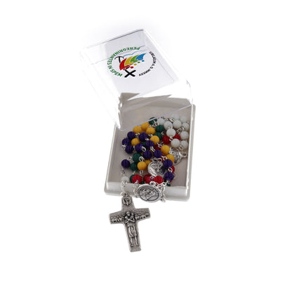 Corona del rosario del Giubileo, con grani in vetro laccato, medaglie e croce del Buon Pastore. Con scatolina e logo