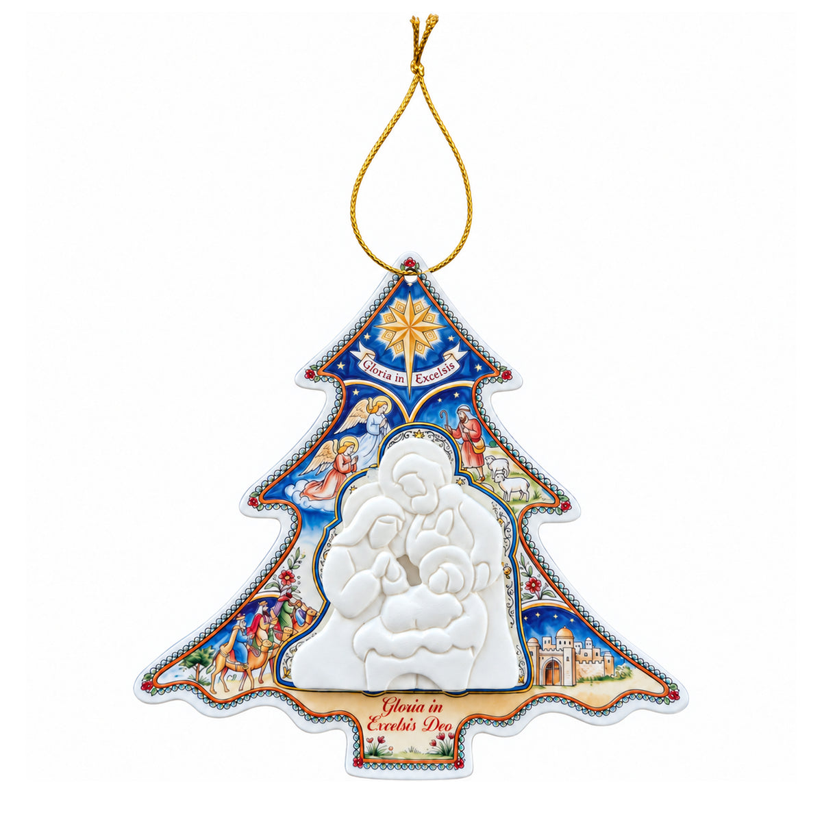Alberello plastificato da appendere con Natività in resina h. 14 cm