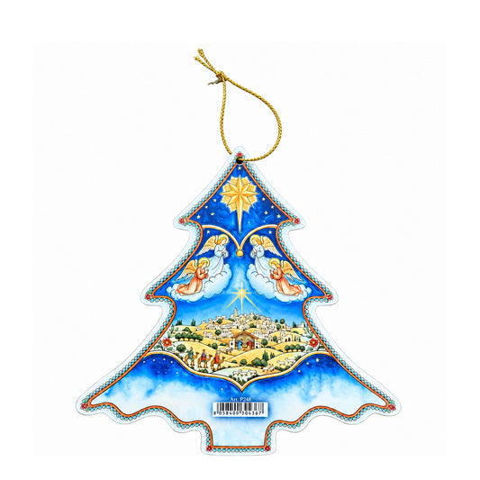 Alberello plastificato da appendere con Natività in resina h. 14 cm