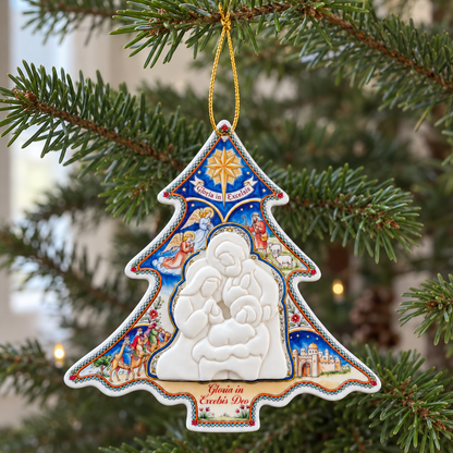 Alberello plastificato da appendere con Natività in resina h. 14 cm