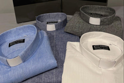 Camicia bianca, manica corta, misto lino, collo clergy