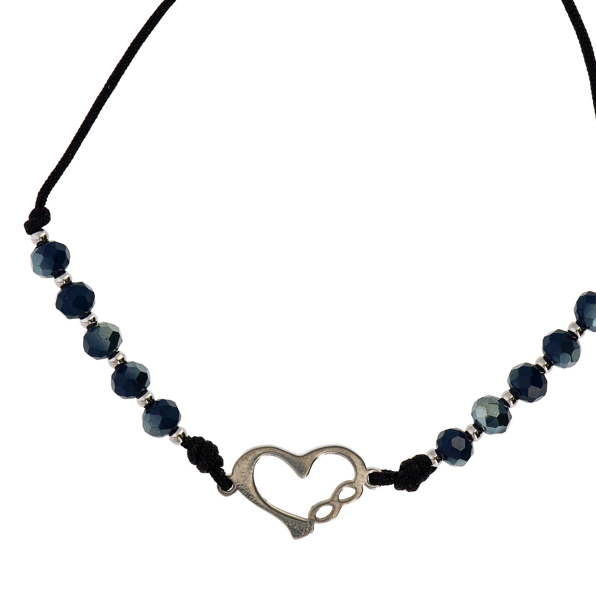 Bracelet dizaine réglable avec cristaux noirs de 4 mm, avec cœur et symbole infini