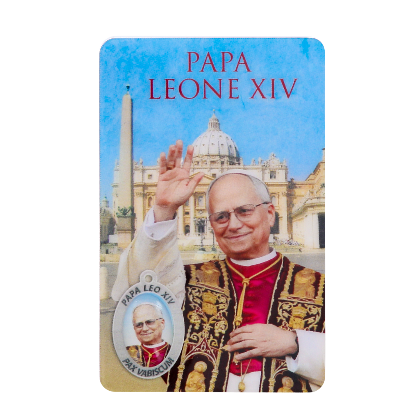 Card plastifcata Papa Leone XIV con immagine smaltata. Dimensioni 8x5 cm