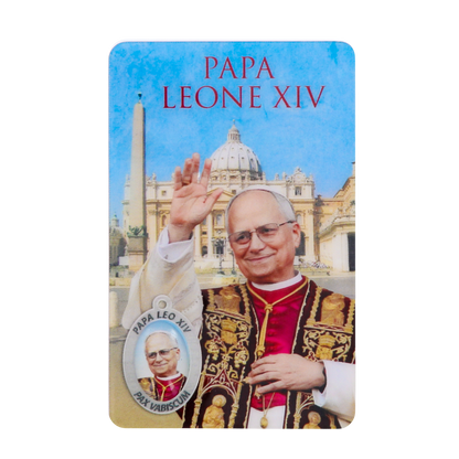 Card plastifcata Papa Leone XIV con immagine smaltata. Dimensioni 8x5 cm