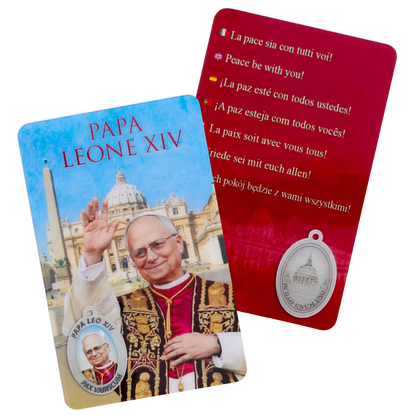 Card plastifcata Papa Leone XIV con immagine smaltata. Dimensioni 8x5 cm
