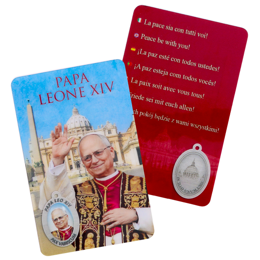 Card plastifcata Papa Leone XIV con immagine smaltata. Dimensioni 8x5 cm