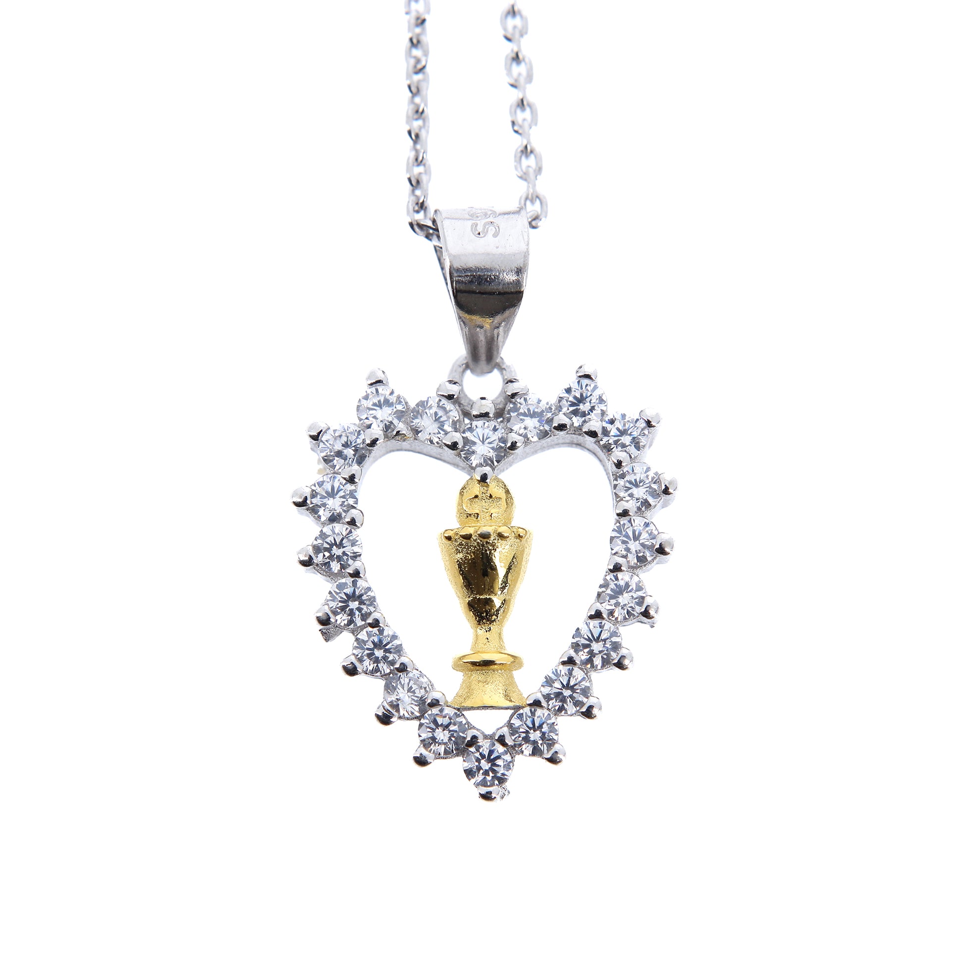Collana Communio, Cuore con Calice e zirconi bianchi,  argento 925