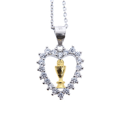 Collana Communio, Cuore con Calice e zirconi bianchi,  argento 925