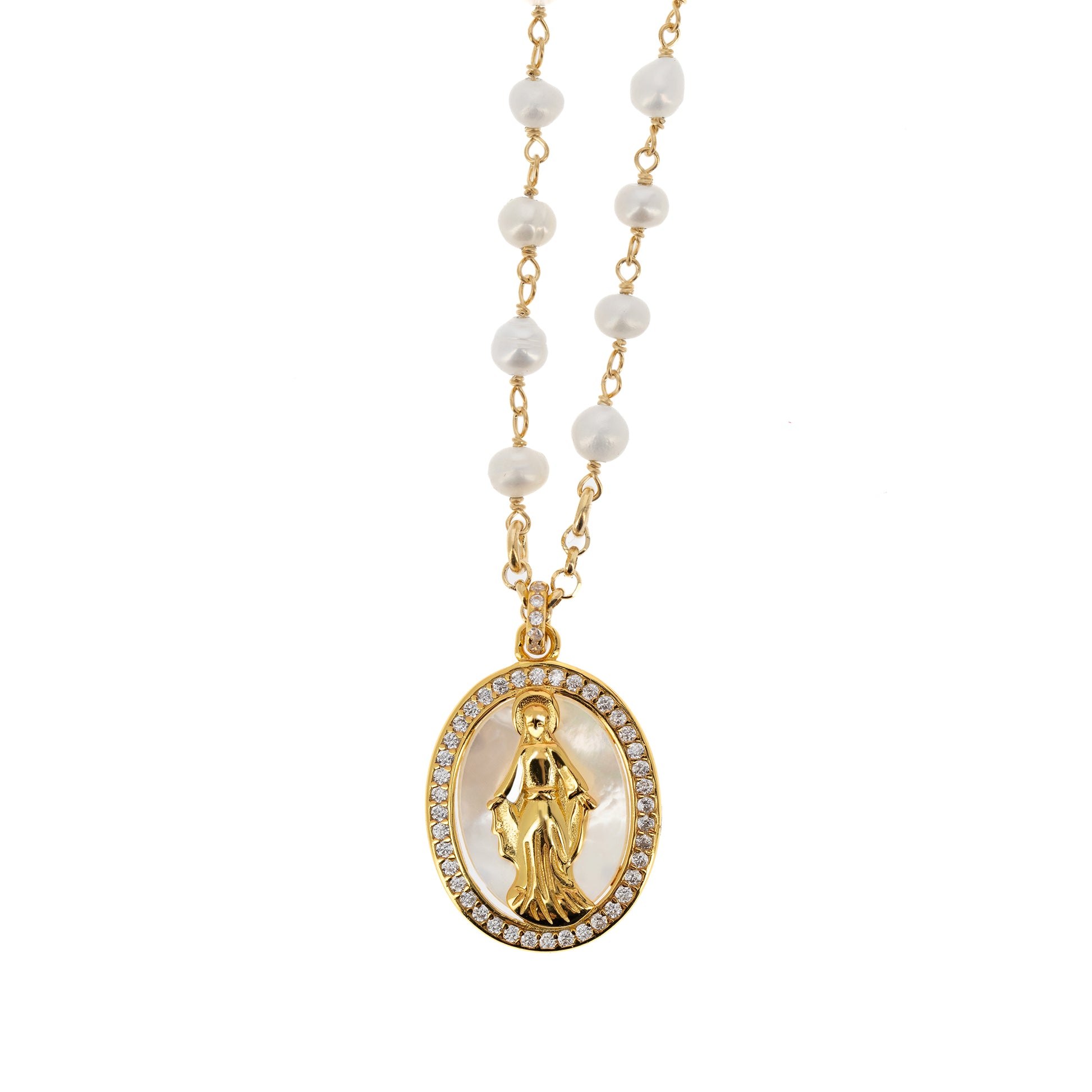 Collana Madonnas con perle, pendente Miracolosa in madreperla e zirconi bianchi, argento 925