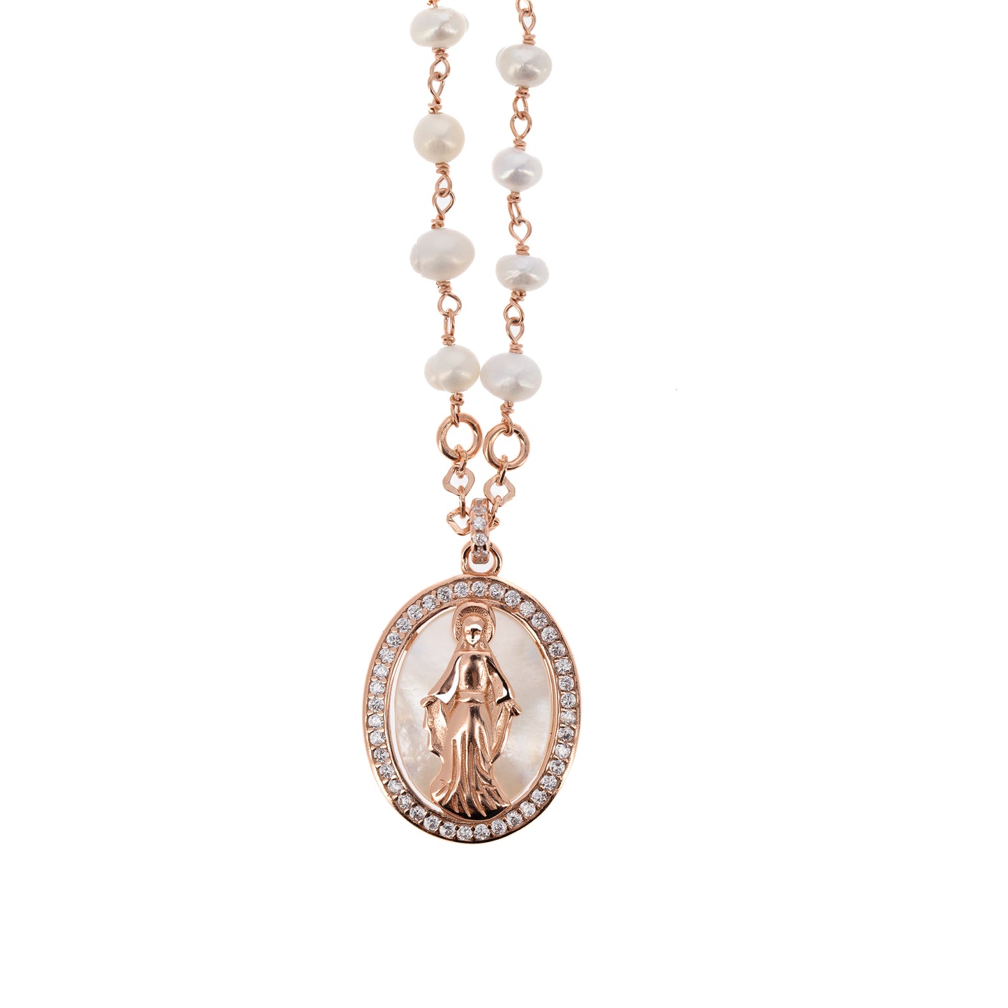 Collana Madonnas con perle, pendente Miracolosa in madreperla e zirconi bianchi, argento 925