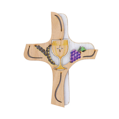 Croce in legno su doppio livello Sacramenti. Per Comunione e Cresima. Dimensioni 13x16 cm