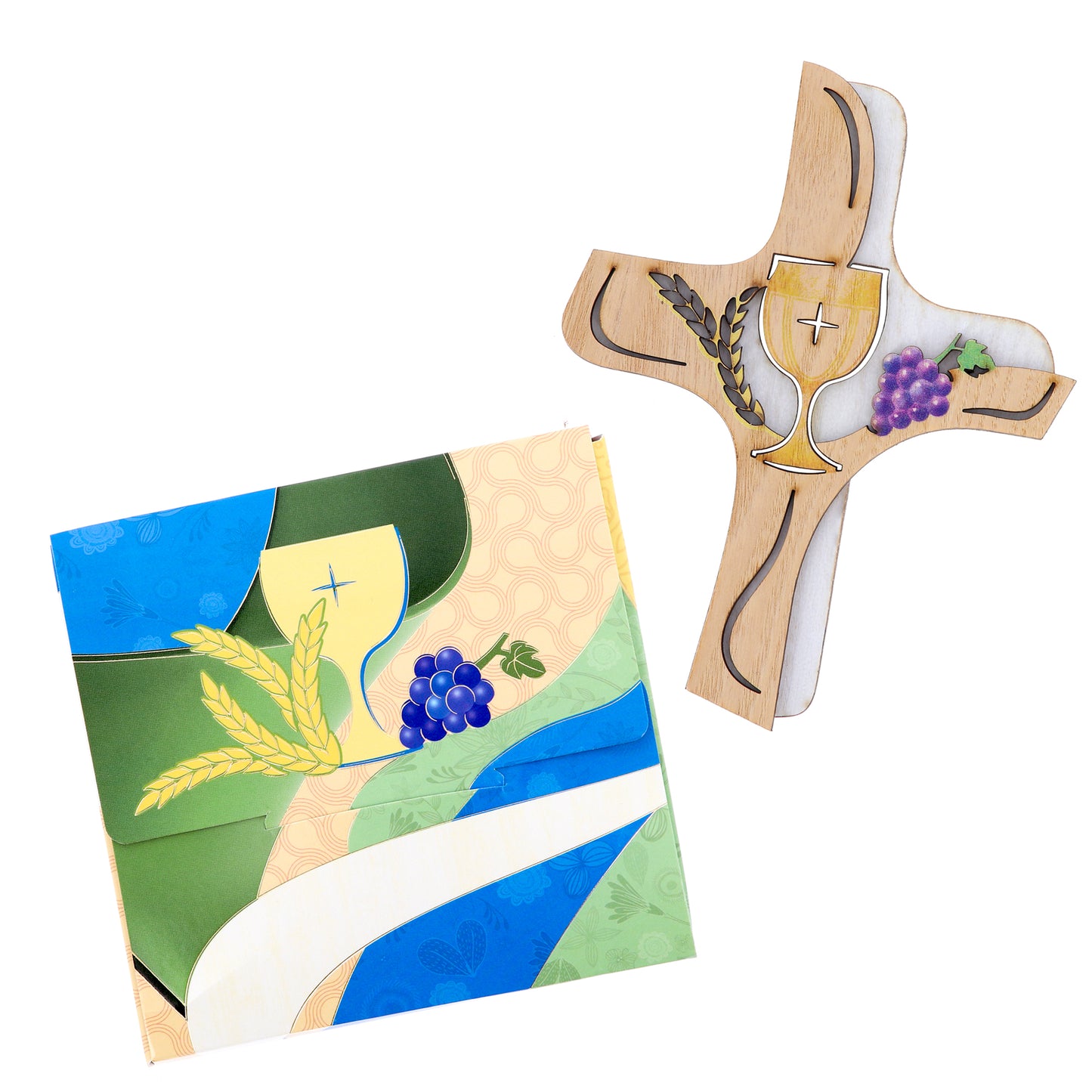 Croce in legno su doppio livello Sacramenti. Per Comunione e Cresima. Dimensioni 13x16 cm