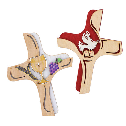 Croce in legno su doppio livello Sacramenti. Per Comunione e Cresima. Dimensioni 13x16 cm