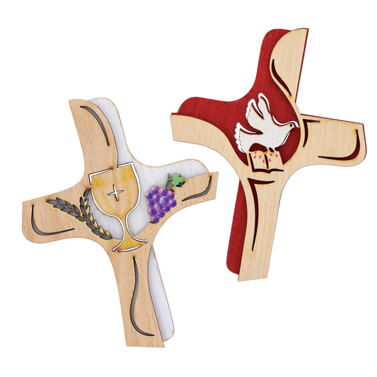 Croce in legno su doppio livello Sacramenti. Per Comunione e Cresima. Dimensioni 13x16 cm