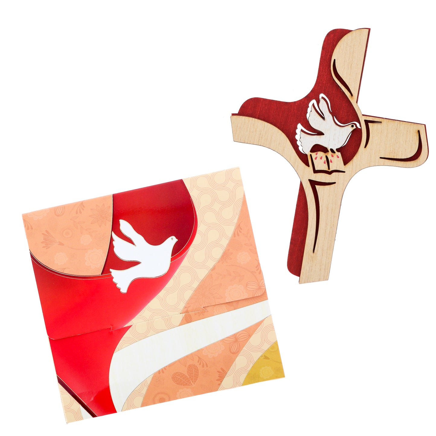 Croce in legno su doppio livello Sacramenti. Per Comunione e Cresima. Dimensioni 13x16 cm