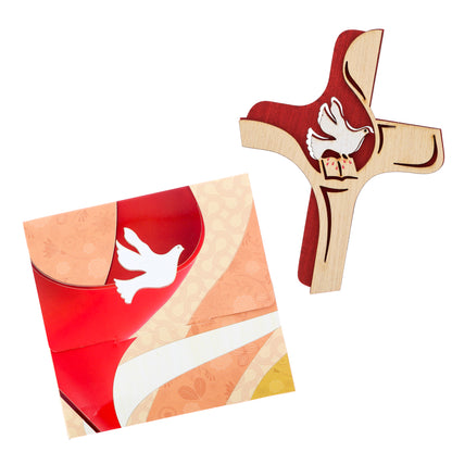 Croce in legno su doppio livello Sacramenti. Per Comunione e Cresima. Dimensioni 13x16 cm