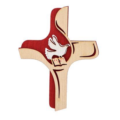 Croce in legno su doppio livello Sacramenti. Per Comunione e Cresima. Dimensioni 13x16 cm