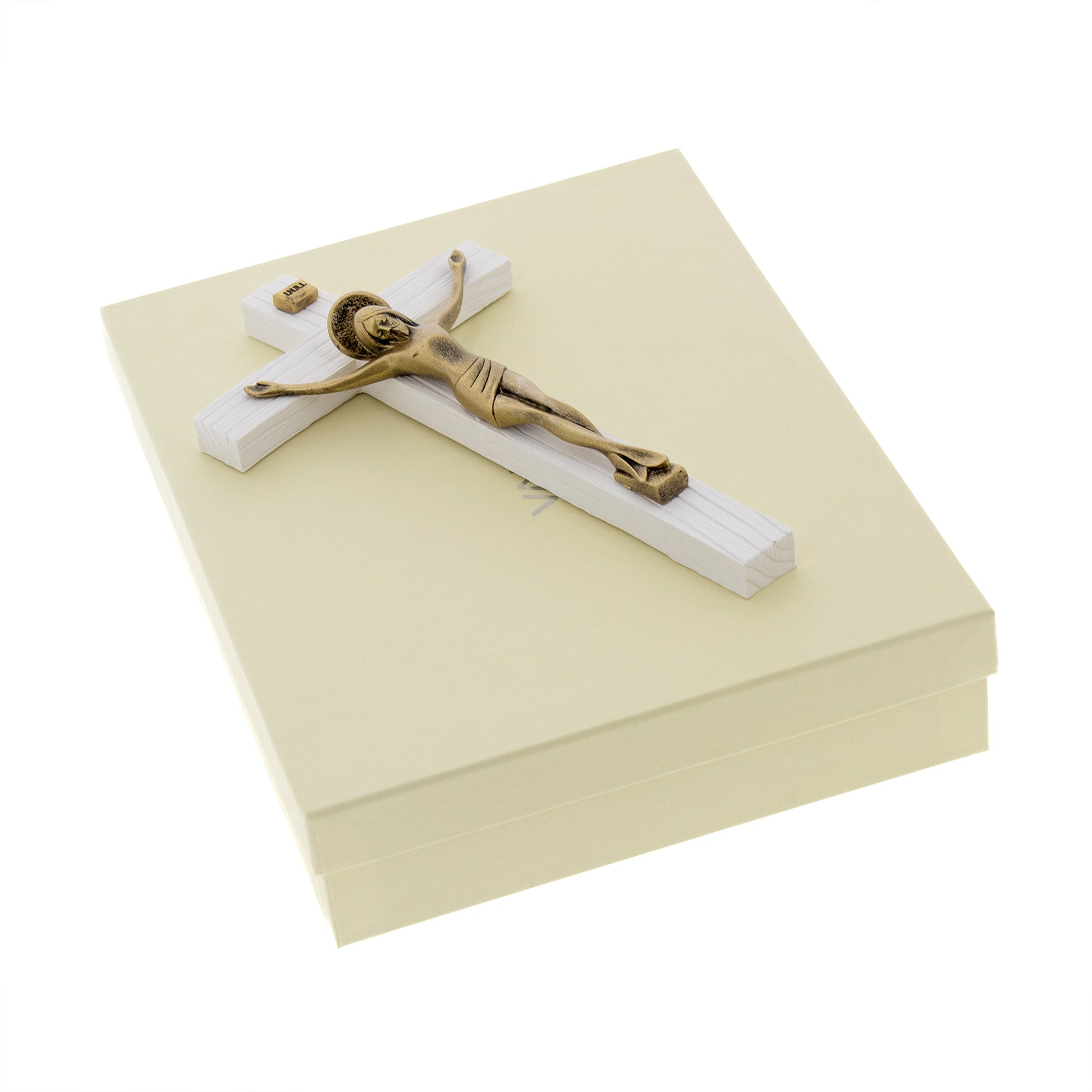 Crocifisso in legno con corpo in resina bronzata. Altezza 23 cm
