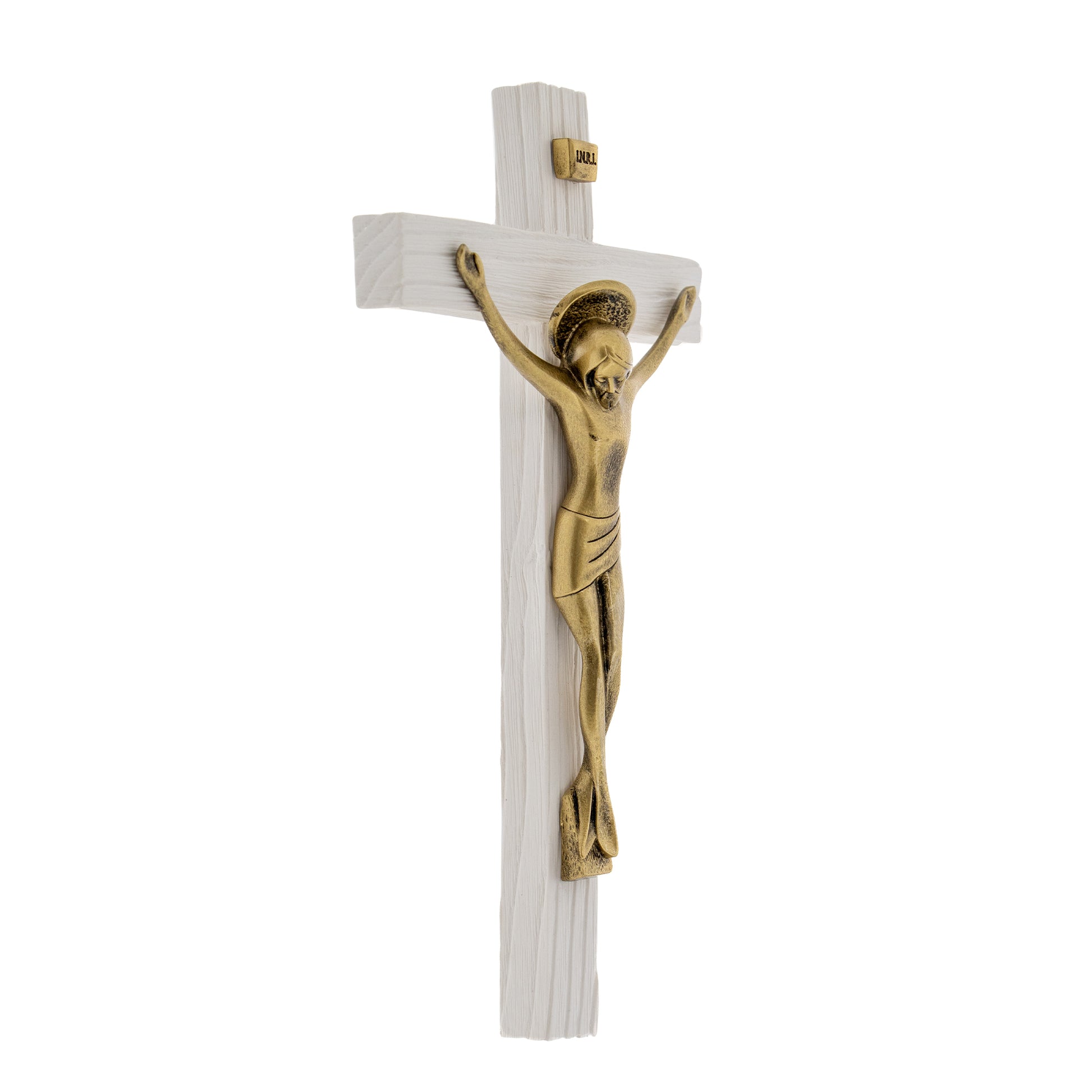 Crocifisso in legno con corpo in resina bronzata. Altezza 23 cm