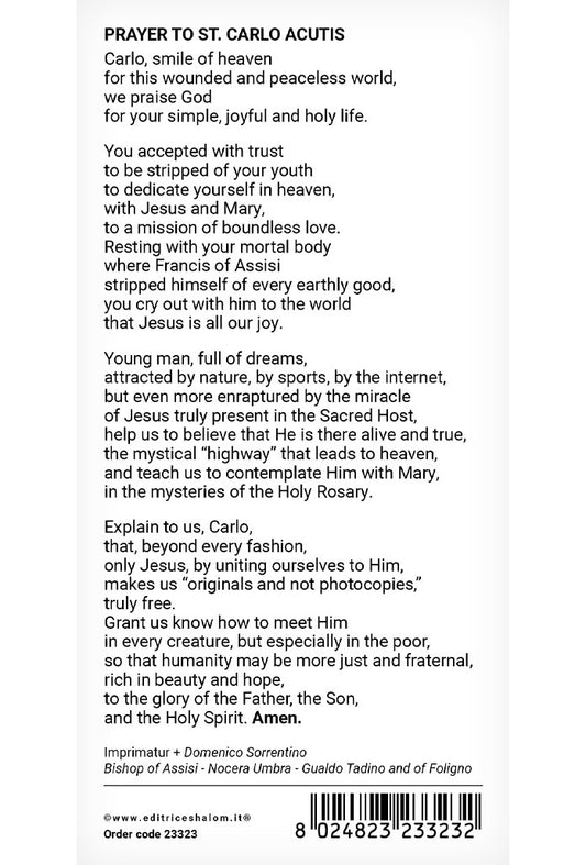 Immagine San Carlo Acutis con retro "Prayer to St.Carlo Acutis" cm 8x16