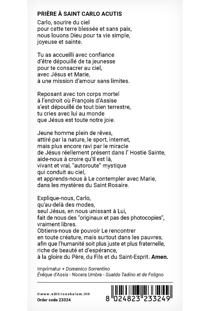 Immagine San Carlo Acutis con retro "Prière à Saint Carlo Acutis" cm 8x16