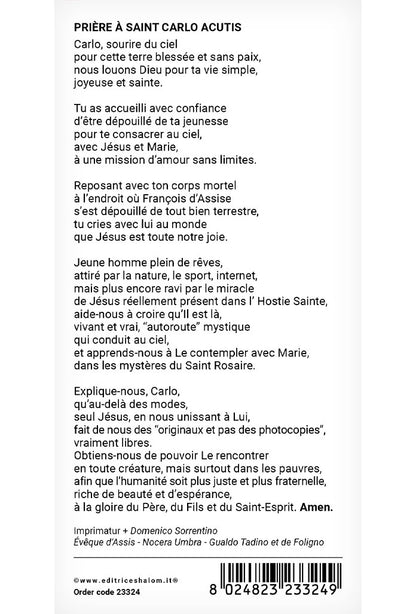 Immagine San Carlo Acutis con retro "Prière à Saint Carlo Acutis" cm 8x16
