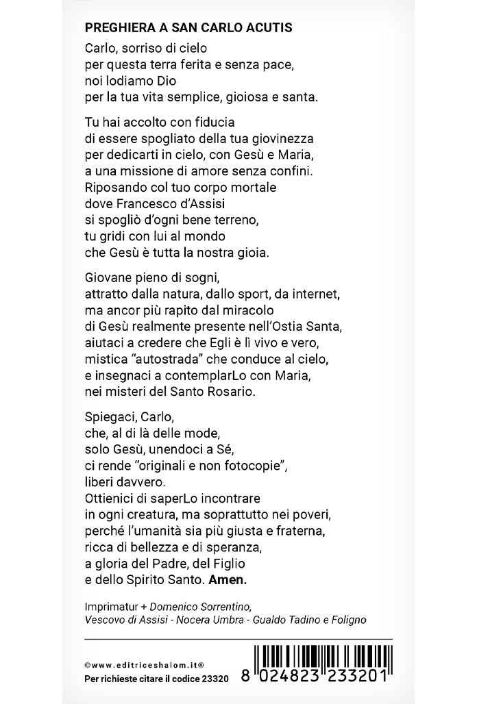 Immagine San Carlo Acutis con retro "Preghiera a San Carlo Acutis" cm 8x16