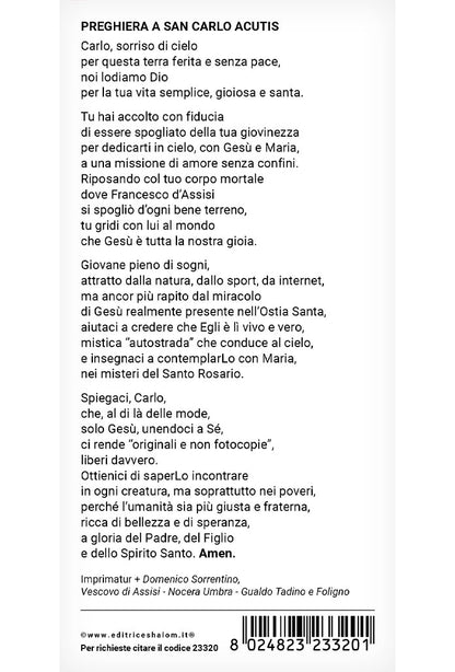 Immagine San Carlo Acutis con retro "Preghiera a San Carlo Acutis" cm 8x16