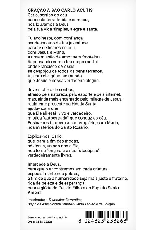 Immagine San Carlo Acutis con retro "Oração a São Carlo Acutis" cm 8x16