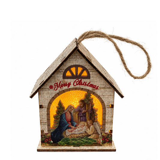 Casetta da appendere in legno con led. 7.5x9.5 cm