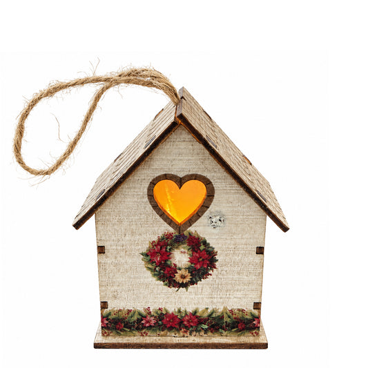 Casetta da appendere in legno con led. 7.5x9.5 cm