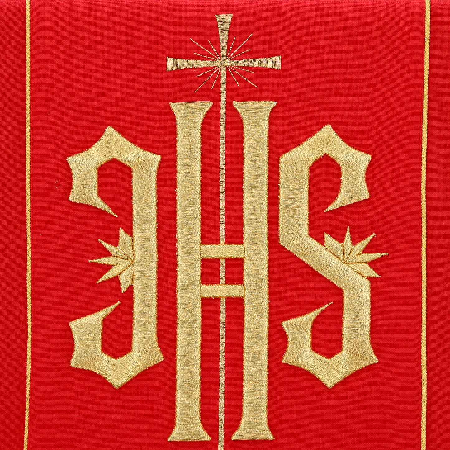 Casula con ricamo Jhs oro e motivo floreale. Misto poliestere