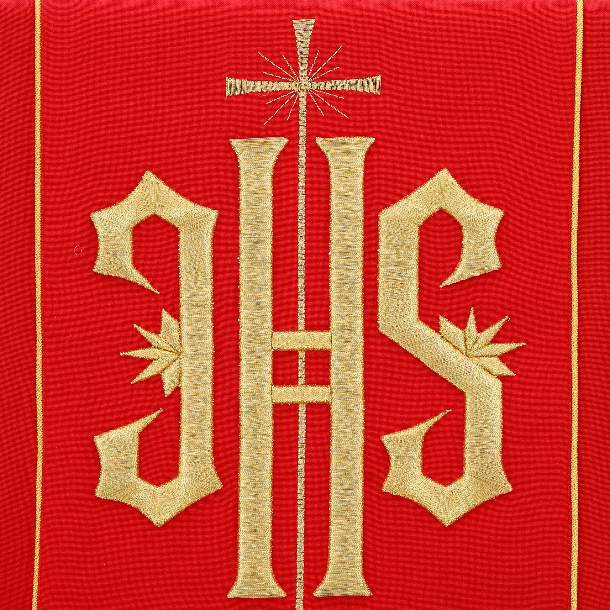 Casula con ricamo Jhs oro e motivo floreale. Misto poliestere