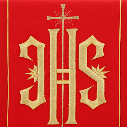 Casula con ricamo Jhs oro e motivo floreale. Misto poliestere