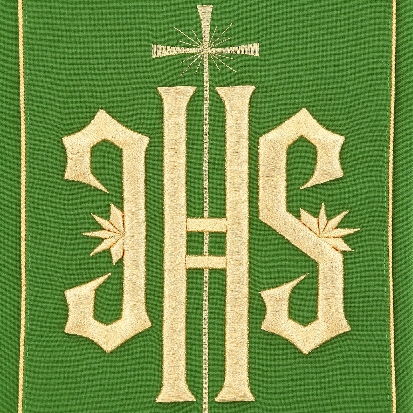 Casula con ricamo Jhs oro e motivo floreale. Misto poliestere