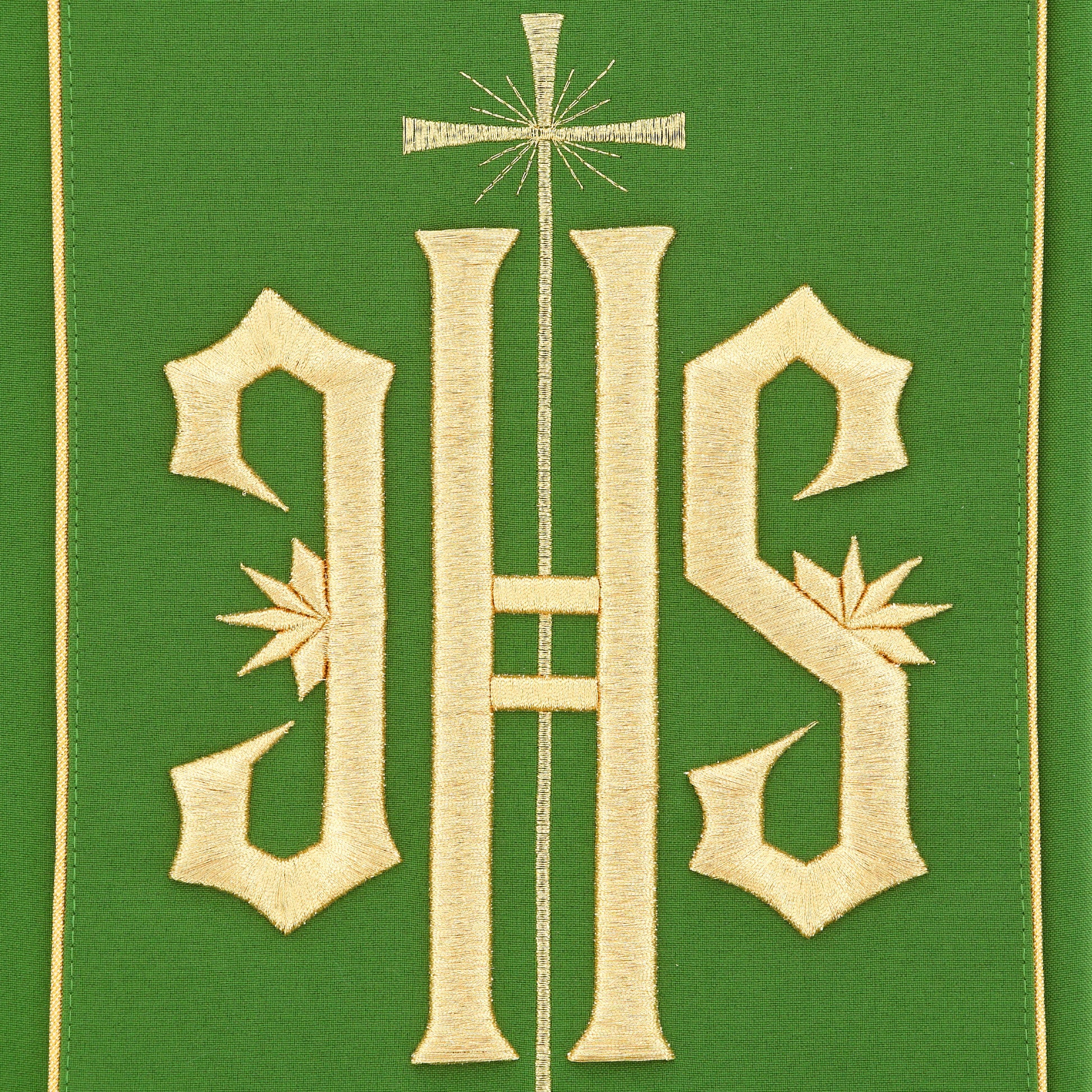 Casula con ricamo Jhs oro e motivo floreale. Misto poliestere