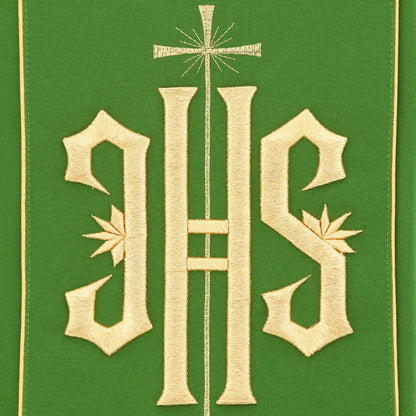 Casula con ricamo Jhs oro e motivo floreale. Misto poliestere