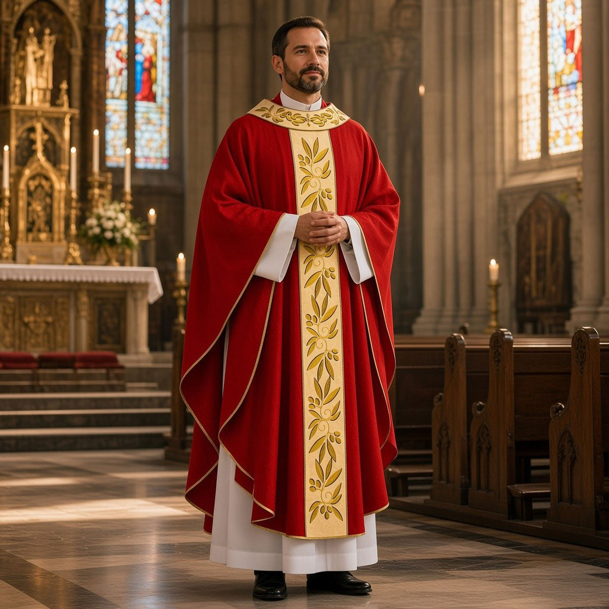 Casula Sacerdotale Misto Lana Rossa con Ricamo Olivo