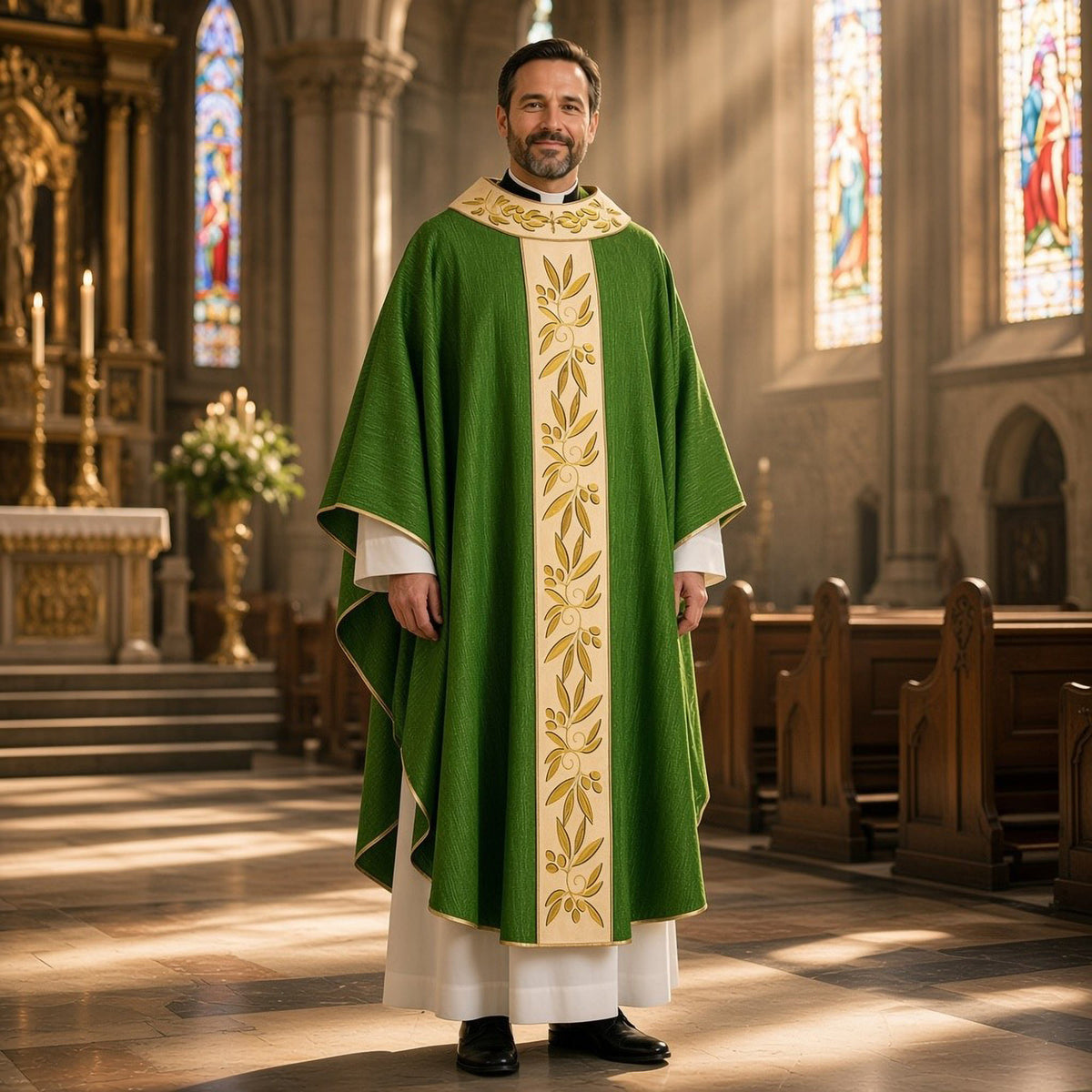 Casulla sacerdotal de mezcla de lana con rico bordado de color verde