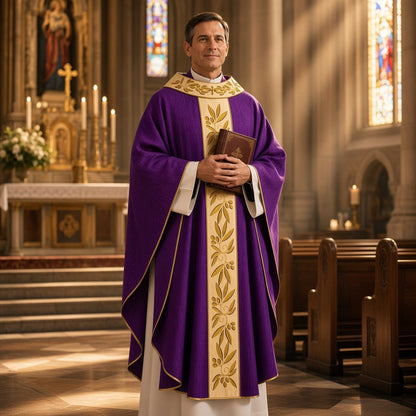 Casula Sacerdotale Misto Lana Viola con Ricamo Olivo