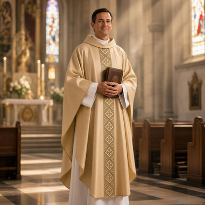 Priesterkasel aus reinem Leinen mit modernem elfenbeinfarbenem Besatz